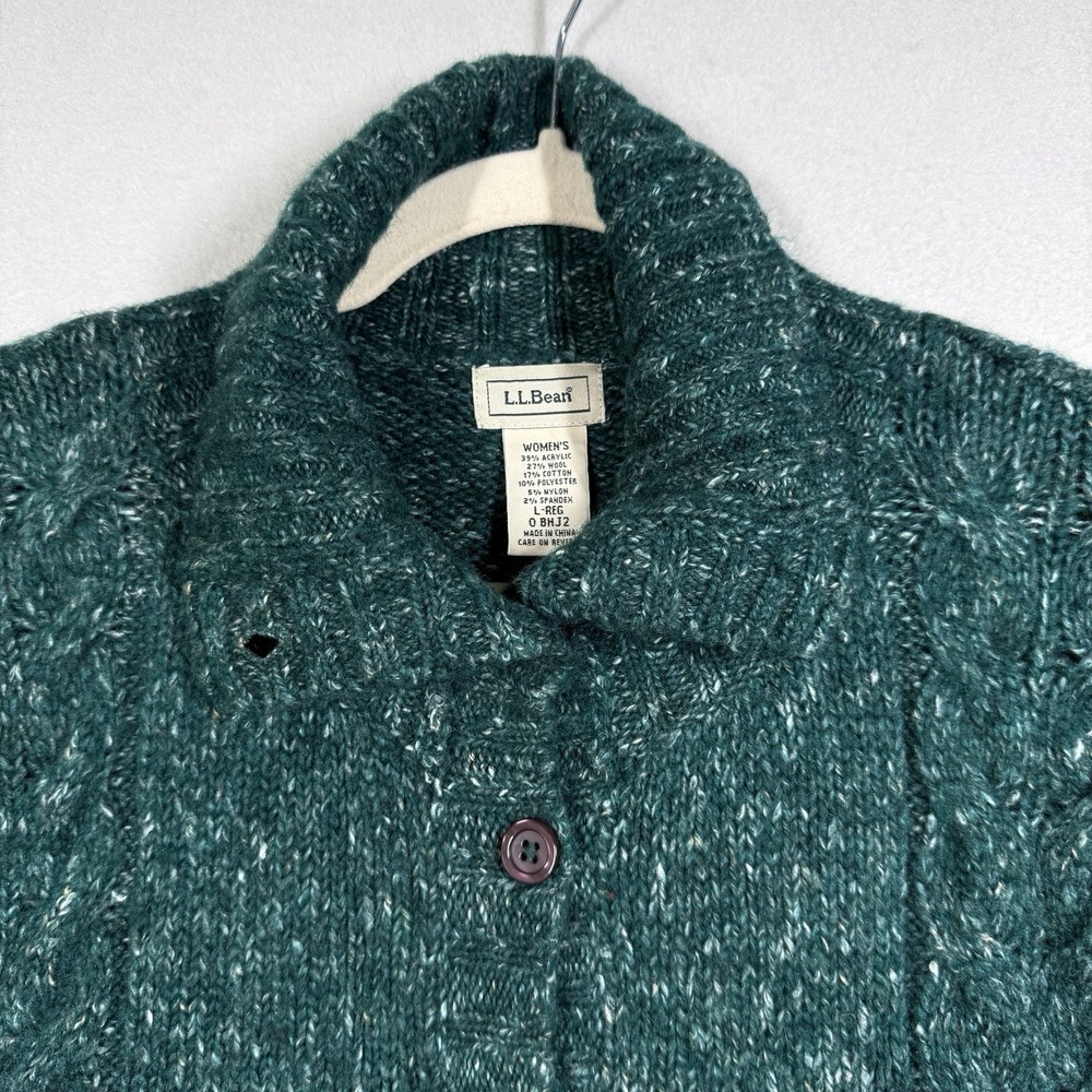 LL Bean Sweater Women Large Wool Blend Cable Knit Cardigan Fisherman Chunky Marl - Picture 2 of 10